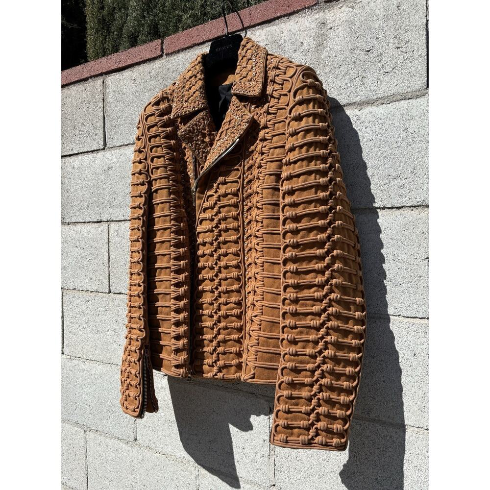 BALMAIN SS 2016 Runway Linen Corde Biker Jacket Brown Sz 48 US 38 - Picture 9 of 11